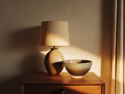 Minimal side table with lamp and ceramic bowl, warm evening light, calm winter interior.