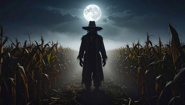 Creepy Scarecrow Silhouetted Against Full Moon in Misty Cornfield at Night