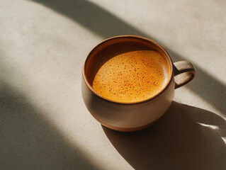 Turmeric latte in a ceramic cup, warm morning glow, minimal neutral tones, editorial style