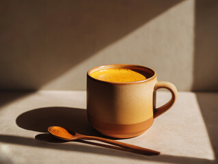 Turmeric latte in a ceramic cup, warm morning glow, minimal neutral tones, editorial style