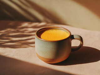 Turmeric latte in a ceramic cup, warm morning glow, minimal neutral tones, editorial style