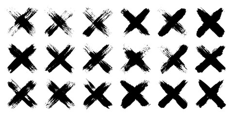 Grunge crosses, brush strokes, x mark, lines, ink smudges, hand-drawn scribble shapes. Handmade sketchy marks, acrylic stains, charcoal streaks. Paint textures, dry brush effect. Vector illustration