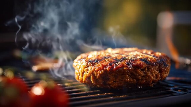 Medium shot of a plantbased burger being grilled outdoors focusing on the delicious appeal and ecofriendly benefits of plantderived meat substitutes.