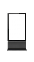 Modern vertical digital advertising billboard, standing lcd screen with sleek matte black frame and minimalist base, blank and clean on pristine transparent infinite studio background, centered with