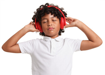 Portrait of little boy with headphones on white background