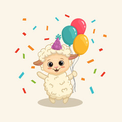 Cute cartoon sheep with gift and balloons. Sheep in flat style for greeting card, book, activity page. Happy birthday postcard. Vector illustration