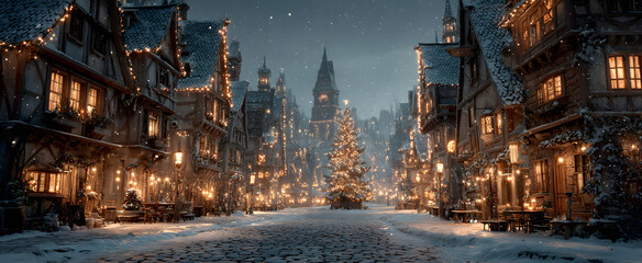 Fototapeta premium Festive winter village scene with christmas tree and illuminated houses under snowfall