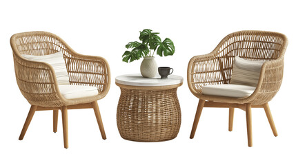 A wooden table with two wooden chairs isolated on white background in transparent png style, ideal for garden or balcony outdoor seating.