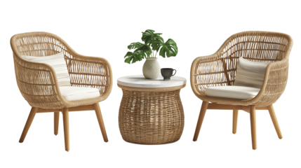 A wooden table with two wooden chairs isolated on white background in transparent png style, ideal for garden or balcony outdoor seating.