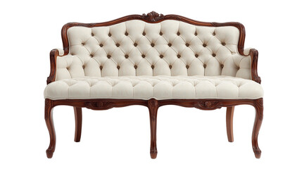 A wooden antique armchair sofa with a white cushion, isolated on white background in transparent png style showing detailed carved wood.