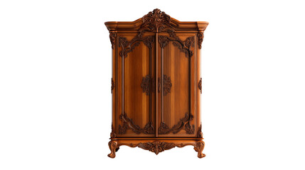 A vintage brown antique cupboard isolated on a white background in transparent png style, featuring aged wood, classic doors, and ornate details.