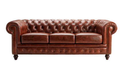 A brown leather comfortable sofa isolated on a white background, transparent style png render showcasing soft cushions and elegant stitching.