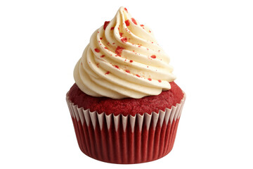 Red velvet cupcake with cream cheese frosting and red sprinkles, sweet dessert food on transparent background