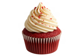 Red velvet cupcake with cream cheese frosting and red sprinkles, sweet dessert food on transparent background