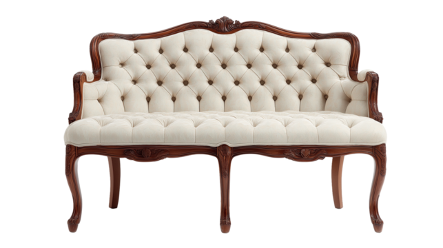 A wooden antique armchair sofa with a white cushion, isolated on white background in transparent png style showing detailed carved wood.
