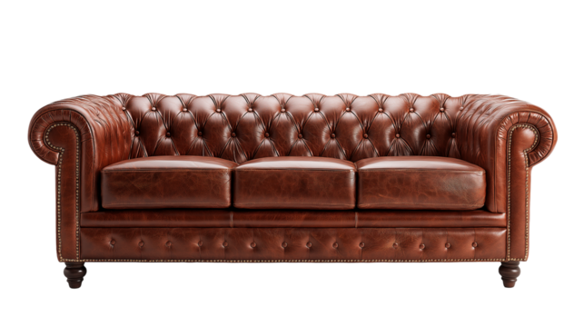 A brown leather comfortable sofa isolated on a white background, transparent style png render showcasing soft cushions and elegant stitching.