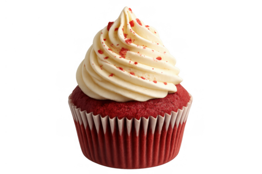 Red velvet cupcake with cream cheese frosting and red sprinkles, sweet dessert food on transparent background - Powered by Adobe