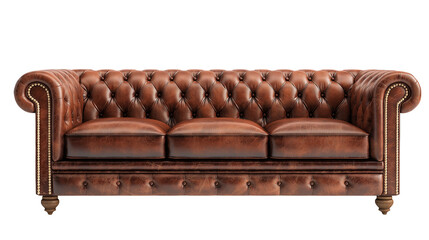 A brown leather comfortable sofa isolated on a white background, transparent style png render showcasing soft cushions and elegant stitching.