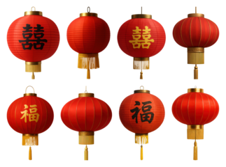 PNG Traditional red Chinese lanterns decor, element set on transparent background