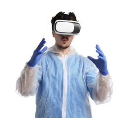 Modern technology. Doctor using virtual reality headset on white background