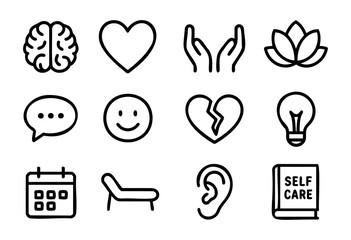 Set of mental health icons in simple bold-line style: brain, heart, hands, lotus, speech bubble, smile, broken heart, idea, calendar, couch, ear, self-care book