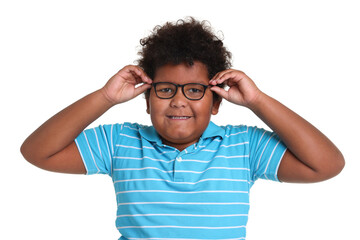 Portrait of cute little boy on white background