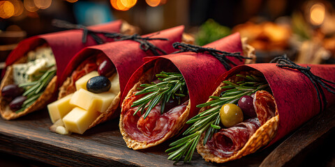 Gourmet charcuterie cones filled with assorted cheeses, olives, cured meats and rosemary sprigs, wrapped in elegant red paper, served at a holiday market.