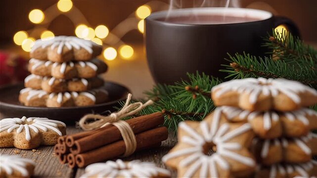 Festive gingerbread cookies with white icing and cinnamon sticks creating a warm and cozy winter holiday atmosphere perfect for sharing with loved ones