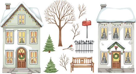 Charming watercolor illustration set featuring snow-covered houses, winter trees, and festive street elements, perfect for holiday season designs and greeting cards