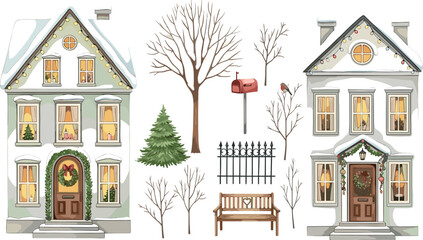 Charming Christmas Houses with Festive Decorations and Winter Scenery