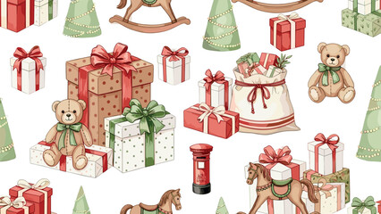 Seamless festive pattern featuring charming Christmas presents, teddy bears, and toy horses, perfect for holiday decor and gift wrap