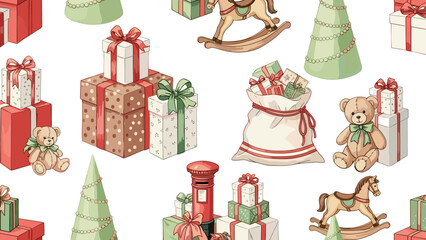 Charming Hand-Drawn Christmas Seamless Pattern with Piles of Presents, Cute Teddy Bears, Classic Rocking Horses, and Festive Holiday Trees, Perfect for Seasonal Designs