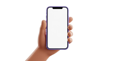A stylized 3D cartoon hand with light brown skin holding a modern smartphone vertically with a blank white screen and purple case, against a transparent studio background with copy space, concept of