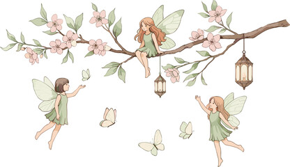 Whimsical illustration of magical little fairies playing on a blooming spring branch with butterflies and hanging lanterns