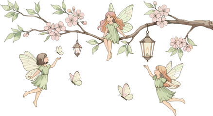 Whimsical illustration of delicate fairies on a blossoming spring branch with butterflies and vintage lanterns