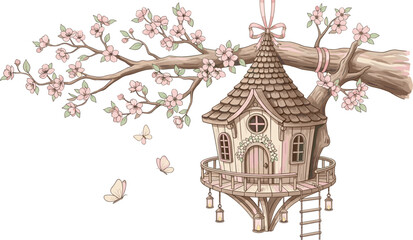 Whimsical Treehouse Illustration with Cherry Blossoms and Butterflies for a Fairytale Aesthetic