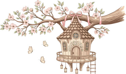 Enchanting Treehouse Haven with Cherry Blossoms and Gentle Butterflies