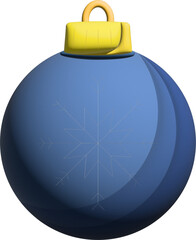 A blue Christmas ornament with a subtle engraved snowflake and a yellow top cap is shown in a clean, glossy, festive illustration