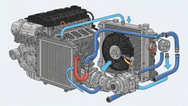 Detailed illustration of a modern automotive engine cooling system with fan and radiator.