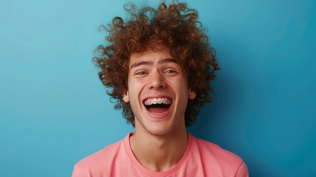 Emotional teenage boy with braces displaying facial expression against a simple blue background