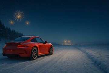 Red sports car on snowy road watching distant fireworks over winter town at night symbolizing celebration travel freedom and new beginnings
