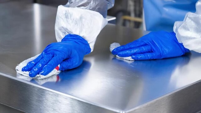 Medium shot of hands applying anodizing solution on seamless steelglass hybrid surface highlighting smooth texture and clarity in a controlled industrial environment.