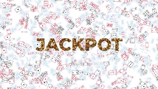 Large GoldenText JACKPOT and many playcards flying on white background
