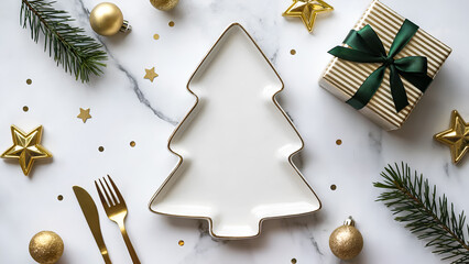Christmas Table Setting with White Tree Plate, Gold Cutlery and Gift on Marble Background