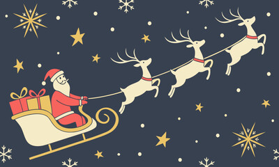 Santa Claus Riding Sleigh with Flying Reindeer – Christmas Night Sky Illustration with Stars, Snowflakes, and Holiday Gifts – Festive Winter Artwork