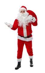 Santa Claus with bag showing something on white background. Merry Christmas and Happy New Year