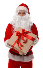 Santa Claus with gift on white background. Merry Christmas and Happy New Year