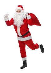 Santa Claus with bag on white background. Merry Christmas and Happy New Year