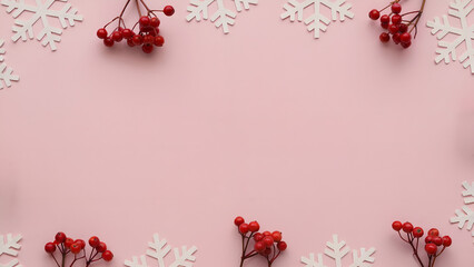 Minimalist Pink Snowflake and Red Berry Winter Holiday Background with Copy Space