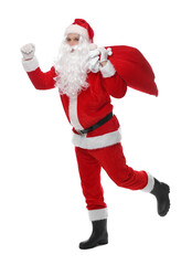 Santa Claus with bag on white background. Merry Christmas and Happy New Year